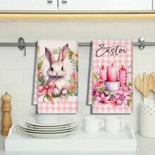 2 件复活节兔子和蜡烛厨房毛巾，柔软吸水超细纤维洗碗布，复活节兔子图案手巾，可机洗，17.7x27.5 英寸，适用于厨房烘焙、烹饪清洁和节日装饰，以及朋友礼物
