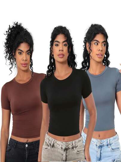 Moderna & Slim Kit 3: Baby Tee Feminina: Blusa Slim Fit Manga Curta