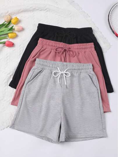 Summer Workout 3pcs Solid Color Casual Shorts, Drawstring Elastic Waist Running Fitness Shorts, Women's Activewear