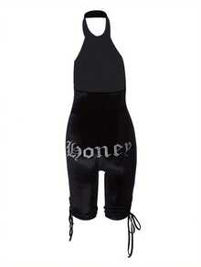 Women Sexy Close-fitting Playsuit, Black Rhinestone Letters Pattern Halter Neck Sleeveless One-piece - Negro - Ver 8