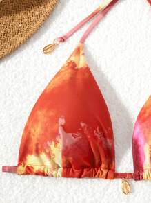 Fashionable Women's Swimwear Set - Sexy Sunset Tie-Dye Printed Halter Tankini Top With Sarong Skirt & Gold Pendant Triangle Bikini Bottom, Vacation Beach 3 Pieces Swimming Outfit - Red - View 3