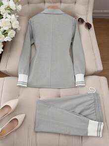 优雅时尚女式罗纹拼布西装套装搭配锥形裤