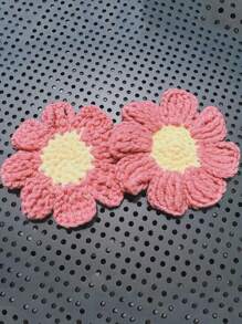 2pcs Hand-Knitted Flower Cup Coasters, Cute Daisy Floral Car Cup Mat Handmade Coasters For Car Interior Decor - one-size - View 3