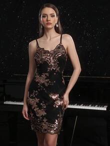 Elegant Sequin Embroidery Bodycon Backless Party Dress For Women, Wedding Guest Dress - Black - View 5