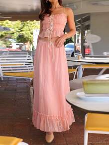 Women Summer Skirts Outfits Patchwork Front Tie-Up Spaghetti Strap Camisoles Tank Tops Long Skirts 2 Pieces Clothes Set - Hồng - Xem 5