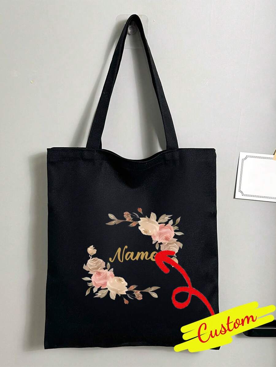 1 Pc Personalized Custom Fashion Large Capacity Canvas Big Bag, Handbag With Aesthetic Lantern Print, Suitable For Shopping, Picnic, Party, Travel - Perfect Choice For Middle East Gifts - Black - View 1