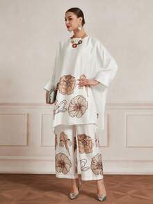 Floral Print Oversized Top & Pants 2 Pieces Set Women Satin Outfits - White - View 3