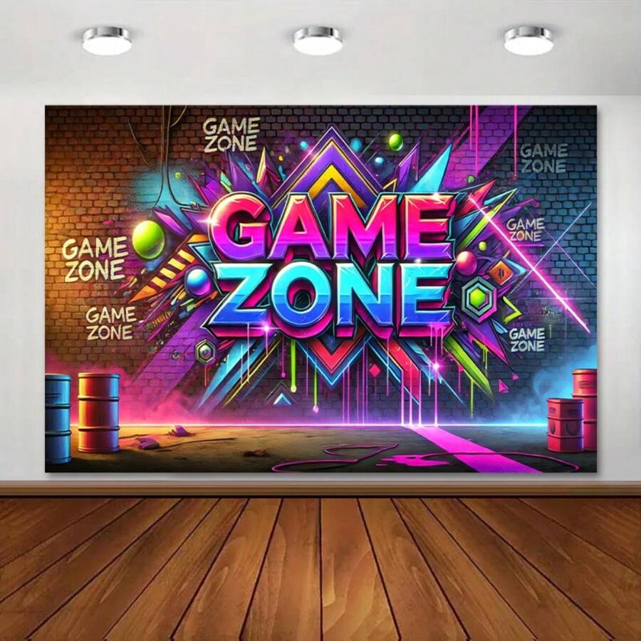1 tấm thảm treo tường khu vực chơi game bằng vải polyester đan, trang trí nghệ thuật treo tường đa năng cho tiệc, phòng chụp ảnh, phòng khách - Có thể tái sử dụng, không cần điện, phông nền phòng chụp ảnh | Trang trí chủ đề chơi game | Trang trí có thể tái sử dụng, trang trí phòng chơi game