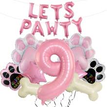 18 件狗狗主题气球“Let's Pawty”狗爪印气球，粉色数字气球，涤纶铝箔气球，宠物生日装饰适合 1-4 岁狗狗生日派对 - 彩色 - 查看 20