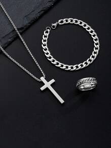 3 件套男士项链套装，钛钢项链，吊坠项链，手链和戒指组合，男士和情侣简约配饰礼物 - 彩色 - 查看 14