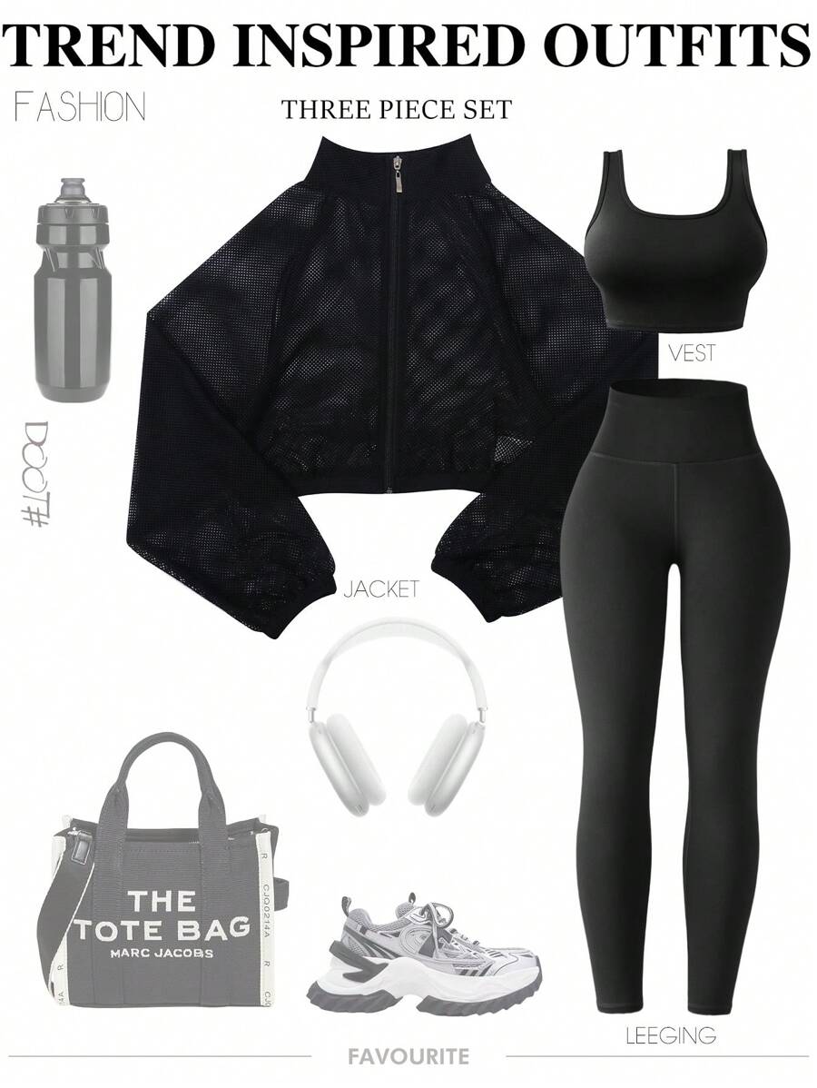 3 件套女士瑜伽/健身运动套装：性感紧身背心、高腰打底裤、透气全拉链长袖夹克，适合户外、休闲、健身 - 黑色 - 查看 1