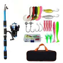1.8m Telescopic Fishing Rod Combo Set: Includes Spinning Reel, Lures, Hooks And Travel Rod Case, Suitable For Freshwater And Saltwater Fishing Beginners - Blue - View 1