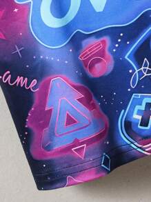 2 件套年轻男孩休闲街头风格 Game Over 涂鸦印花圆领短袖 T 恤和短裤套装，春夏 - 彩色 - 查看 3