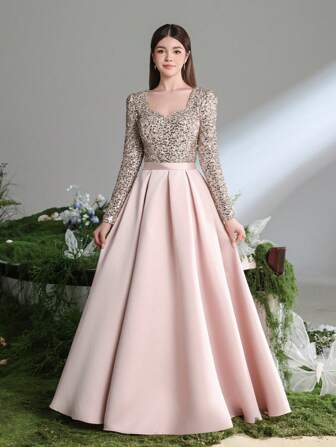 少女心形领口长袖亮片装饰 A 字形礼服，适合生日派对、婚礼宾客、毕业舞会、成人礼