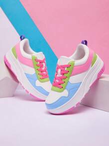 2025 New Kids Roller Skate Shoes, Thick Sole Round Toe Lace-Up Sport Sneakers, Unisex Style, Removable Double Wheels - Hot Pink - View 6