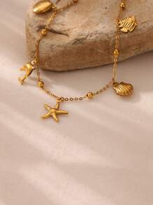 可爱海星 & 贝壳 & 海豚不锈钢脚链，18K 镀金防褪色海洋生物脚链和手链，防水海滩度假珠宝日常佩戴配饰，送给她/最好的朋友的完美礼物 - 不銹鋼 - 查看 4