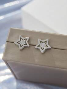 1pair Brilliant Crystal Star Earrings For Men Full Paved White Cubic Zirconia Simple Stylish Earring Versatile Fashion Jewelry