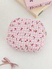 1 Pieza Bolsa de maquillaje acolchada con diseño de cereza, de gran capacidad, con cremallera, práctica y de moda, esencial para viajes y vacaciones, para almacenar artículos de higiene femenina, auriculares, cargadores, cosméticos, perfumes, productos de cuidado de la piel, y talla grande. Regalo ideal para mamá, mujeres, enfermeras, estudiantes, chicas escolares, y para decoración del hogar.