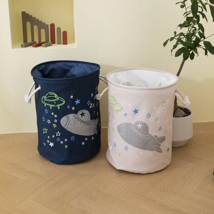 1pc Cartoon Spacecraft Pattern Foldable Storage Basket, Waterproof Laundry Hamper For Living Room/Bedroom - Multicolor - View 1