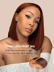 Reddish Brown Bob Wig Human Hair 13*4*1 Lace Frontal Deep Part Copper Red Bob T Part Transparent Lace Pre Plucked With Baby Hair Glueless Brazilian Virgin Human Hair Wigs 180% Density Auburn Brown - S33 - View 1
