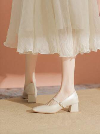 2024 Spring-Fall New French Mary Jane Shoes For Women, Thick Heel Square Toe Mid-Heel Vintage Flats