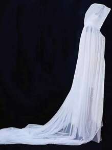 1pc Elegant Sheer Mesh Solid Color Vintage Hooded Cloak, Romantic Bridal Cape Suitable For Weddings And Special Occasions, Halloween Adult Vintage Solid Color Hooded Veil Vampire Bride Cloak