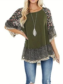Women's Half Sleeve Blouse, Leopard Floral Printed Patchwork Round Neck Loose Fit Tops, Casual Simple Style Shirt - 軍綠色 - 查看 1