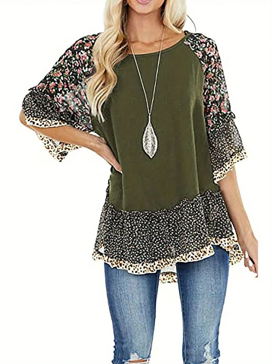 Women's Half Sleeve Blouse, Leopard Floral Printed Patchwork Round Neck Loose Fit Tops, Casual Simple Style Shirt - 軍綠色 - 查看 1