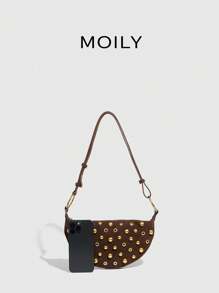 Punk Street Style Rivet Adjustable Strap Women's Crossbody Saddle Bag - Coffee Brown - View 7