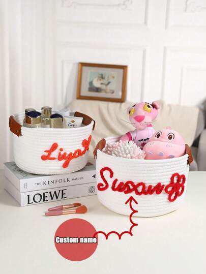 Personalisierter handgewebter Aufbewahrungskorb mit Namen, Multifunktions-Organizer Korb mit großer Kapazität für Wohnzimmer, Badezimmer, Schlafzimmer, Waschtisch, Geschenke für Frauen, Blau