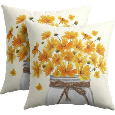 2pcs Yellow Flower Throw Pillow Covers Botanical Floral Plants Mason Jar Farmhouse Pillowcase Cotton Linen Square Cushion Case For Sofa Couch Bed Outdoor