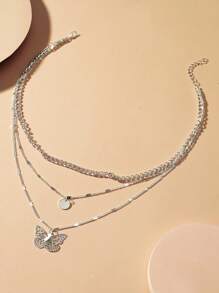 1pc Vintage Elegant Round Butterfly Pendant 3-Layer Necklace - Silver - View 2