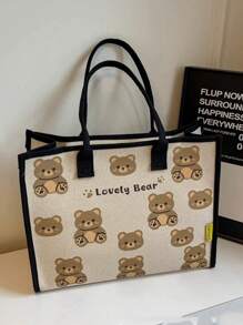 1pc Portable Canvas Mummy Bag, Versatile Large Capacity Mummy Diaper Bag, Cartoon Cute Bear Print Handbag, Casual Commuter Tote
