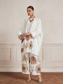 Floral Print Oversized Top & Pants 2 Pieces Set Women Satin Outfits - White - View 8