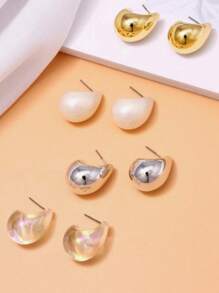 4/6/8pcs Fashionable Teardrop Design Gold Metal Texture Earrings Set, Lightweight CCB Material Jewelry Accessories For Women - Teardrop - View 9