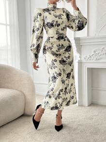 Women's Elegant Casual Ink Painting Print Long Dress, Lantern Sleeve/Small Stand Collar/Bodycon, Spring/Autumn - Color - View 3