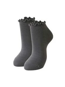 10 Pairs Women's Solid Color Versatile Ruffled Lolita Style School Girl Socks, Ankle Socks For Daily Wear