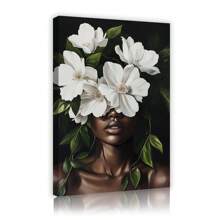 1Pc African American Canvas Wall Art Beautiful Woman Poster Painting Prints Abstract Girl With White Flowers Painting Vintage Girl Portrait Artwork For Bedroom Living Room Coffee Bar Girls Room Decor - 彩色 - 查看 5