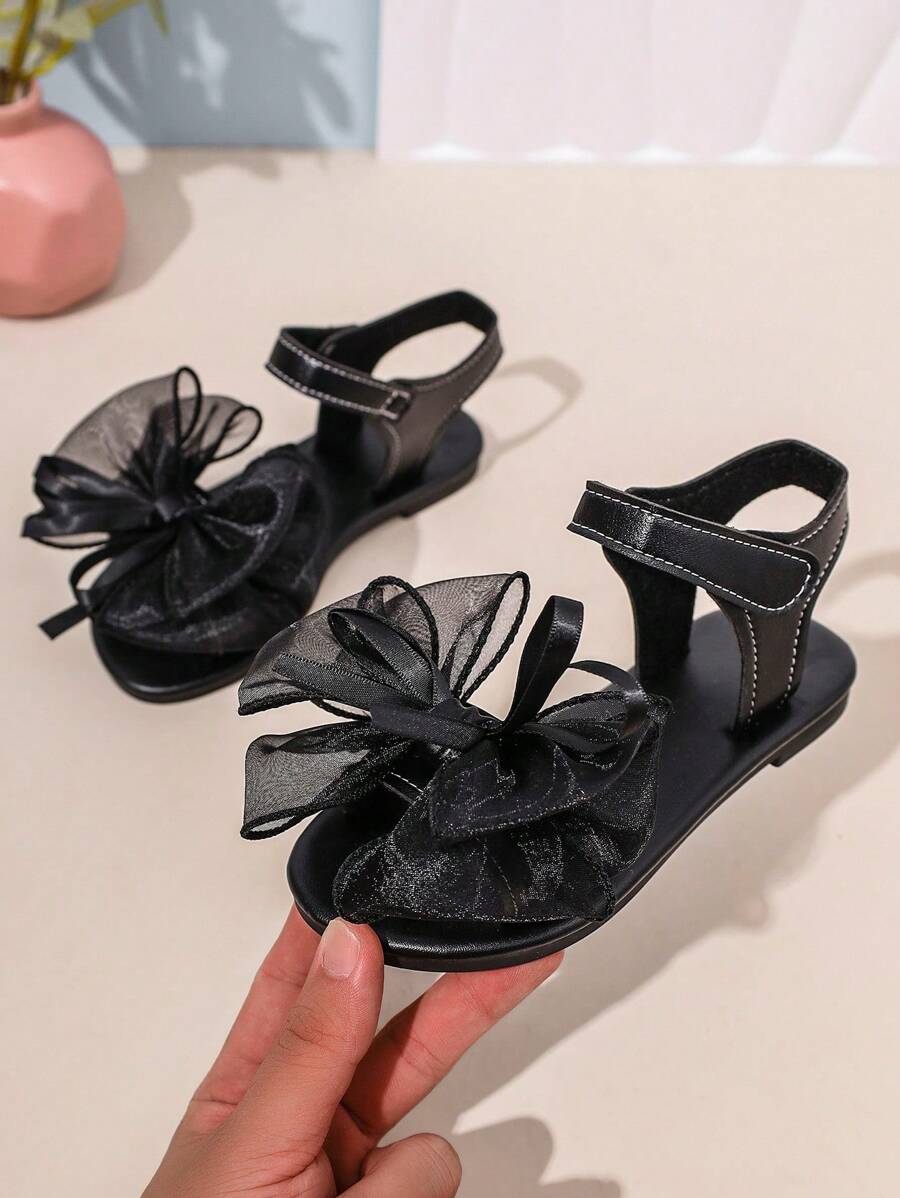 1 Pair Black Plus Size Girls Flat Sandals, PU Material, Transparent Mesh Bow Decor, Strap , Round Toe, Roman Style, Suitable For 3-15 Years Old Girls Daily, Casual, Party, Travel, Summer - View 1