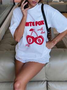 Women's Casual Cherry Letter Print Short Sleeve T-Shirt