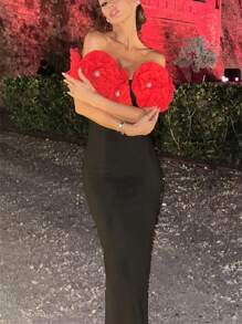 Women Elegant Contrast 3D Floral Bodycon Bandage Black Formal Evening Dress, Wedding Event Dress, Cocktail Semi Formal Prom Dress, Festival Wear,Old Money Dress,For Birthday, Wedding Guest, Graduation, Dinner, Homecoming New Year Eve