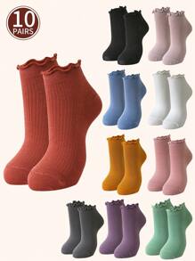 10 Pairs Women's Solid Color Versatile Ruffled Lolita Style School Girl Socks, Ankle Socks For Daily Wear