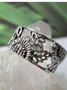 1pc Flower, Leaf, Sunflower Design Ring, Silver-Tone Copper, Fashion Accessories For Men And Women, Party And Daily Wear, Size 6-10