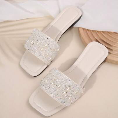 Women Plus Size Flat Sandals, Vacation Style, Casual Versatile Outdoor Rhinestone Decorated Slip-On Slippers