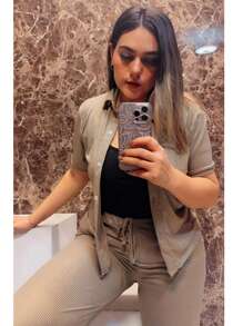 Top con botones al frente y pantalones con nudo - Camel - Ver 3