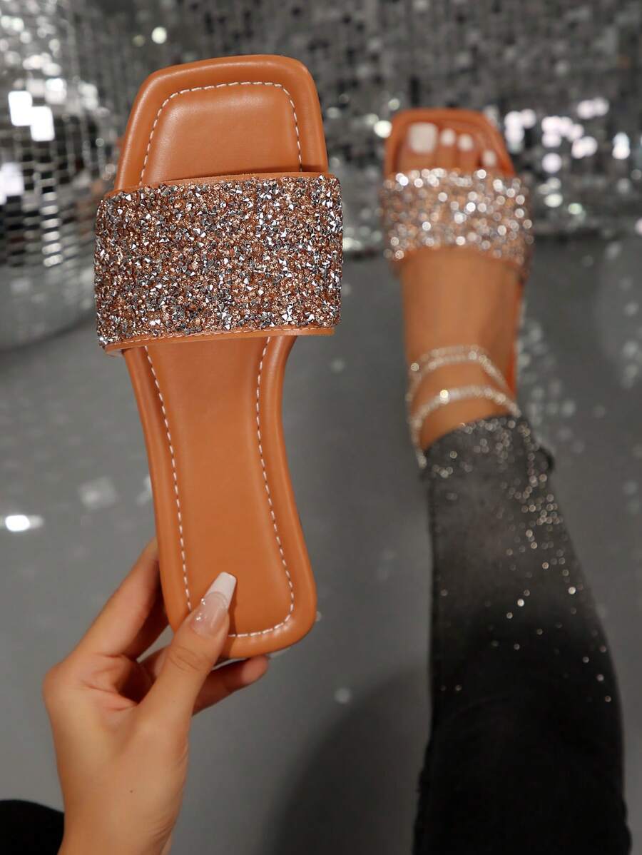 Plus Size Women Slip-On Rhinestone Embellished Sandals, Casual, Versatile, Outdoor Plastic Flat Sandals