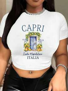 Graphic Print Cropped T-Shirt, Y2K Spring And Summer Short-Sleeved Cropped Top, Women's Tops