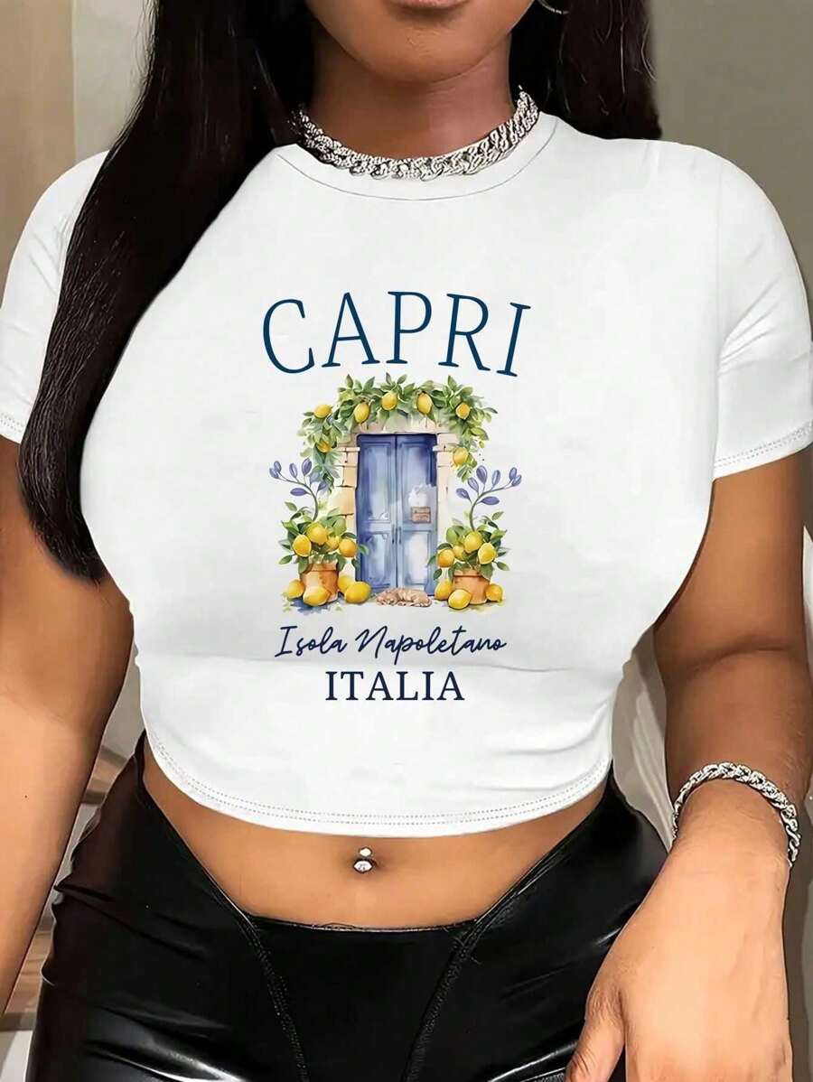 Graphic Print Cropped T-Shirt, Y2K Spring And Summer Short-Sleeved Cropped Top, Women's Tops