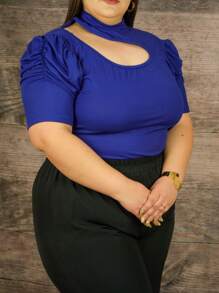 Blusa de escote simulado con mangas abullonadas con recortes para tallas grandes - Azul - Ver 1