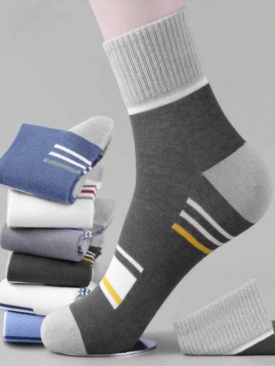 5 أزواج من جوارب الطاقم للرجال ذات الخطوط، تمتص الرطوبة وقابلة للتنفس، بطراز رياضي مناسبة للربيع والخريف والشتاء - متعدد الألوان - مشاهدة 1